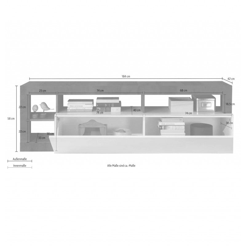 Porta TV  bianco lucido pero 184x42x58H