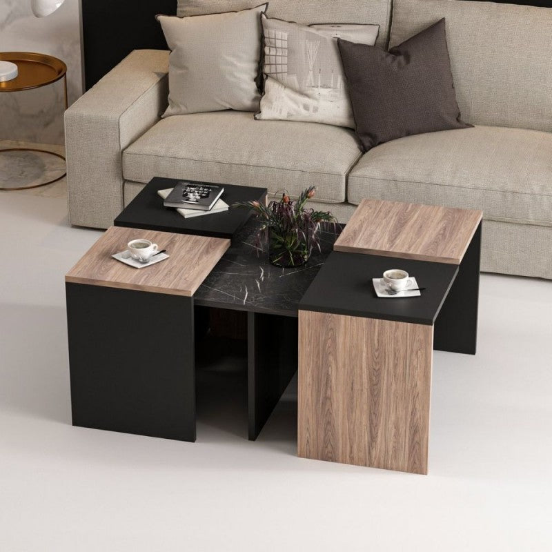 Set tavolini da salotto nero e noce nucleo effetto marmo.