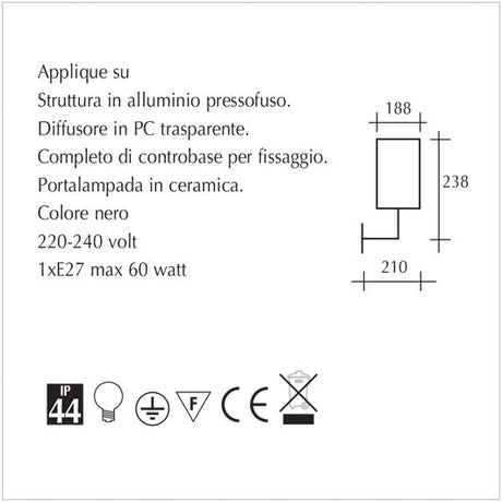 Applique per esterno da giardino - illuminazione per esterni - scheda tecnica