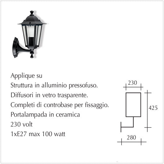 Applique Lanterna con braccio in su 1x100w/E27Nero
