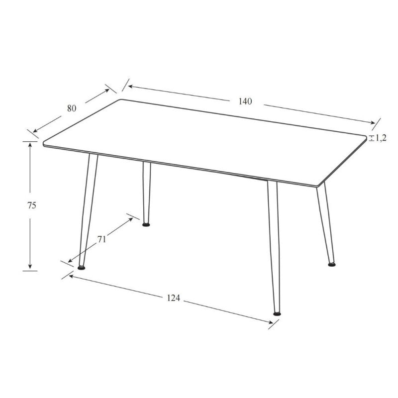 Tavolo 140x80 con top in ceramica effetto marmo grigio opaco e gambe in metallo nero.