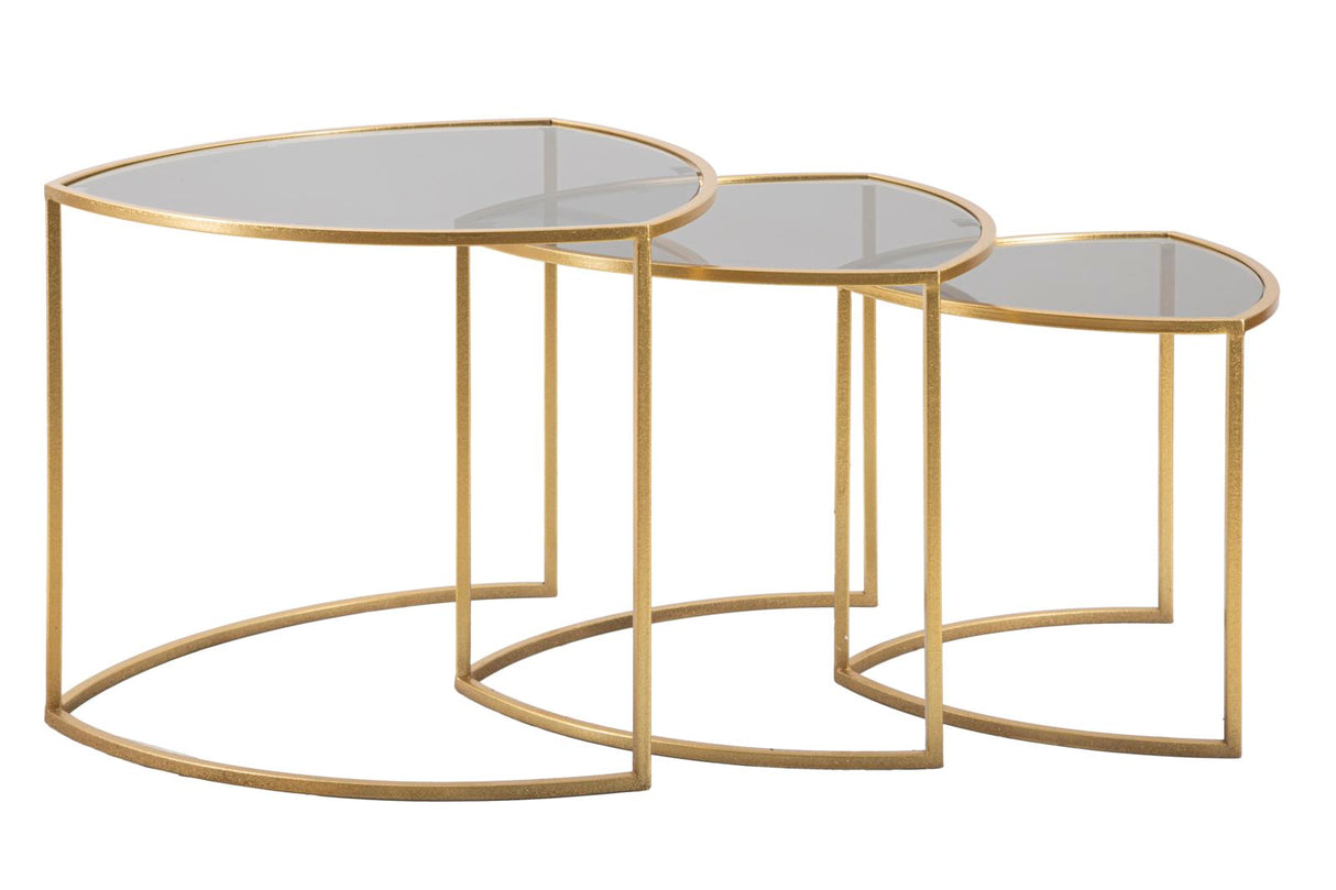 Set di tre tavolinetti triangolari  metallo dorato