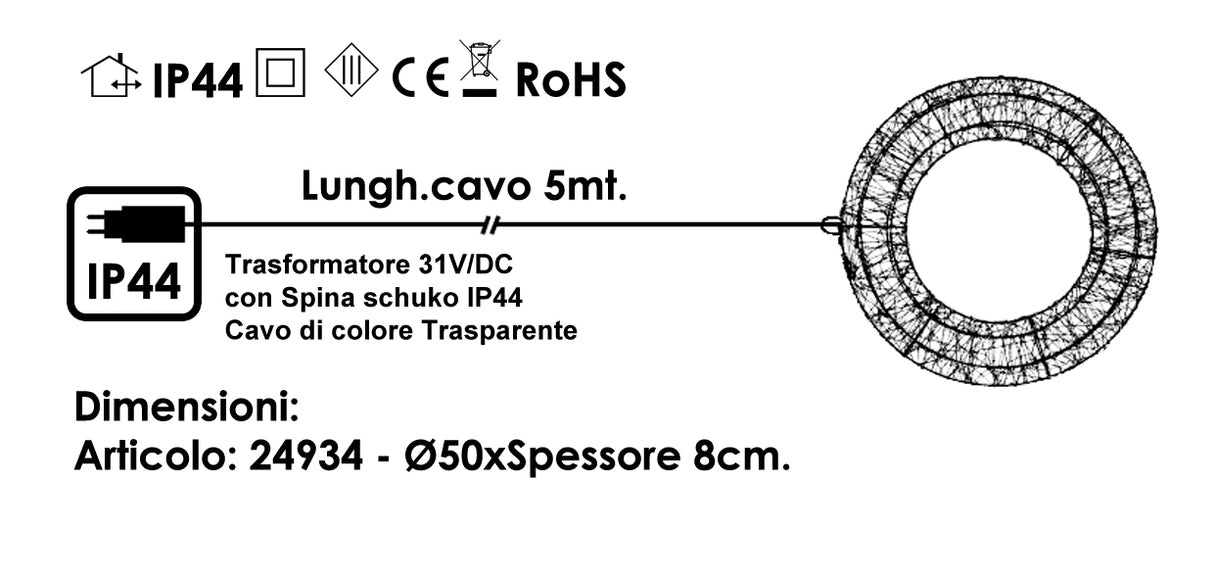 Ghirlande/Corona Natalizie, Decorazione luminosa 3D Struttura in metallo rivestita con Microled Bianco Caldo con Led Flash