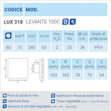 LUX318 Aspiratore da parete con apertura e chiusura automatica e sensore di umidità regolabile