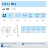 LUX100 Ø100 Aspiratore da parete con apertura fissa
