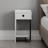 Comodino bianco con cassetto e gamba in metallo nero