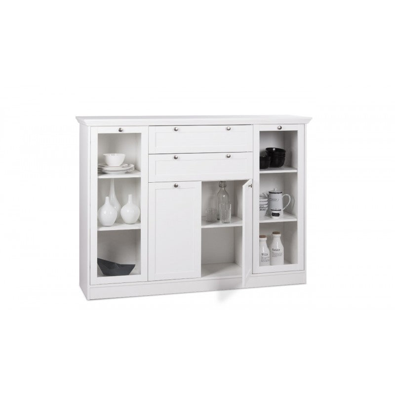 Credenza composta da 2 ante in vetro, 2 ante in legno e 2 cassetti.