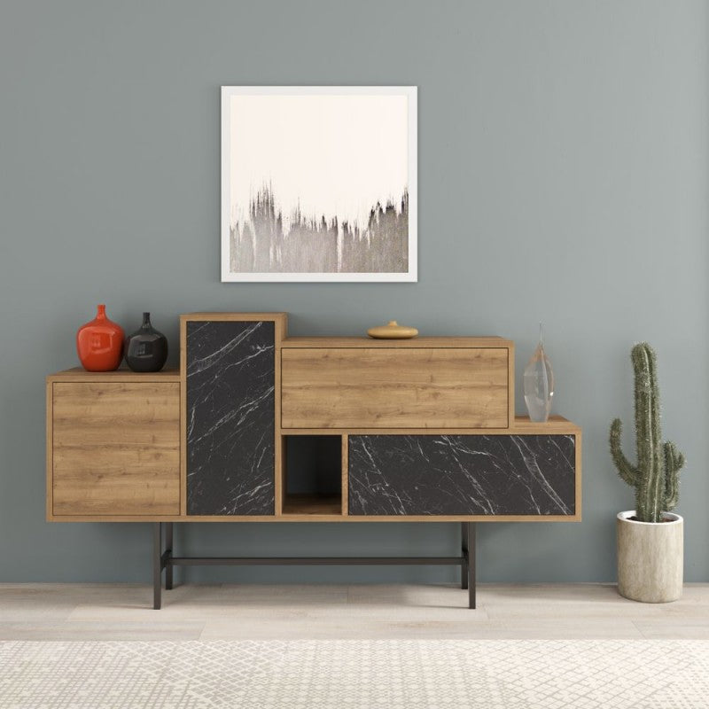 Madia colore noce con ante e cassetti effetto marmo nero 160 cm