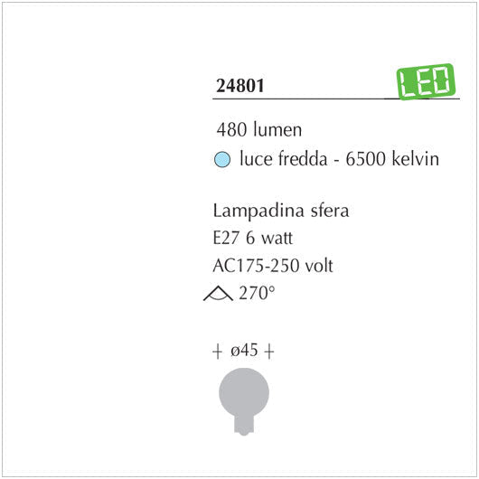 Lampadina Led Sfera alta efficienza E27 6watt luce fredda - illuminazione per interni 