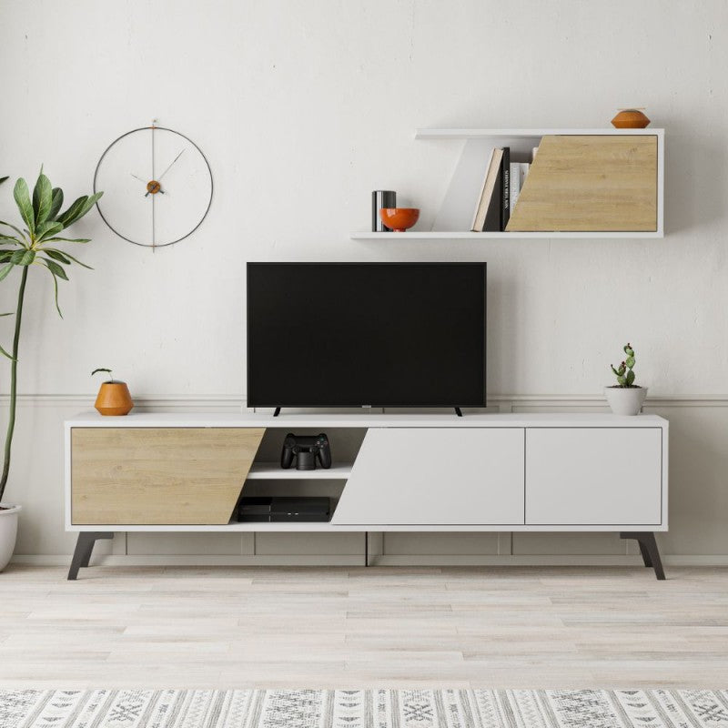 Porta tv  colore bianco con anta colore rovere e piedini neri e mensola
