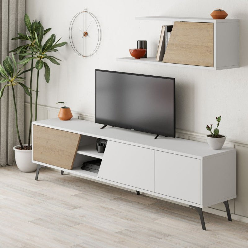 Porta tv  colore bianco con anta colore rovere e piedini neri e mensola