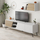 Porta tv  colore bianco con anta colore rovere e piedini neri e mensola