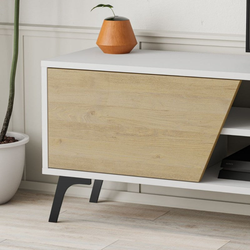Porta tv  colore bianco con anta colore rovere e piedini neri e mensola