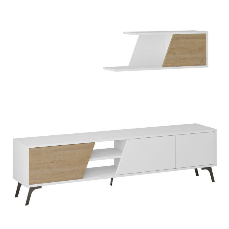 Porta tv  colore bianco con anta colore rovere e piedini neri e mensola