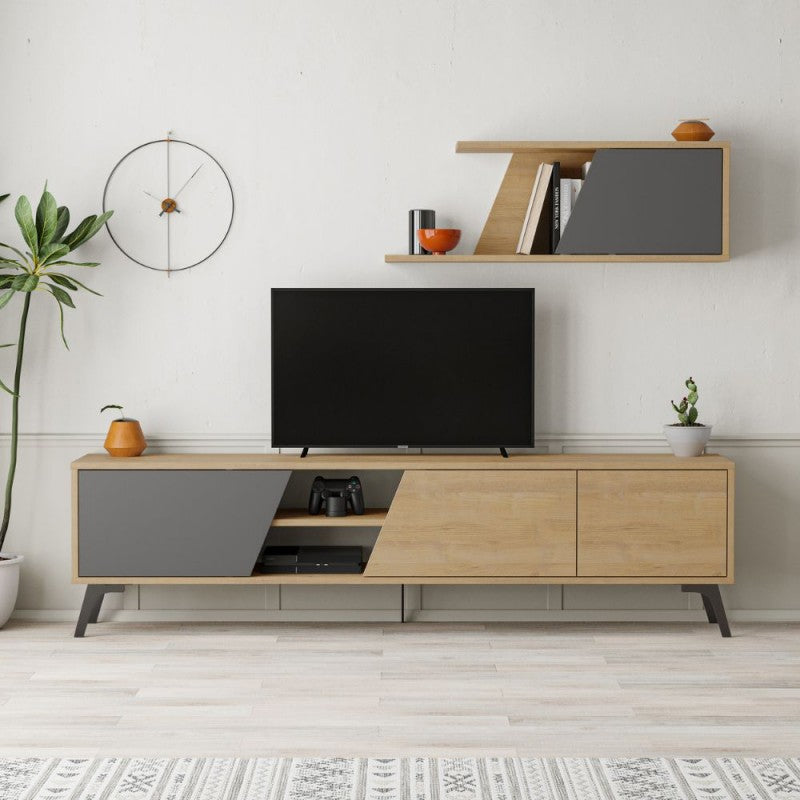 Porta tv colore rovere con anta colore antracite e piedini neri e mensola