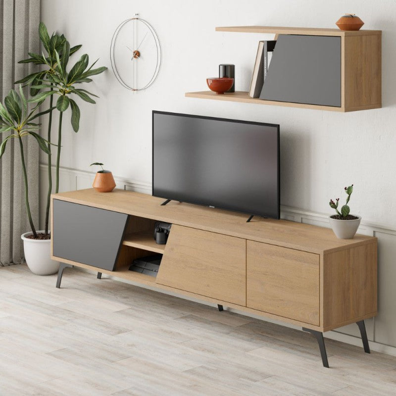 Porta tv colore rovere con anta colore antracite e piedini neri e mensola