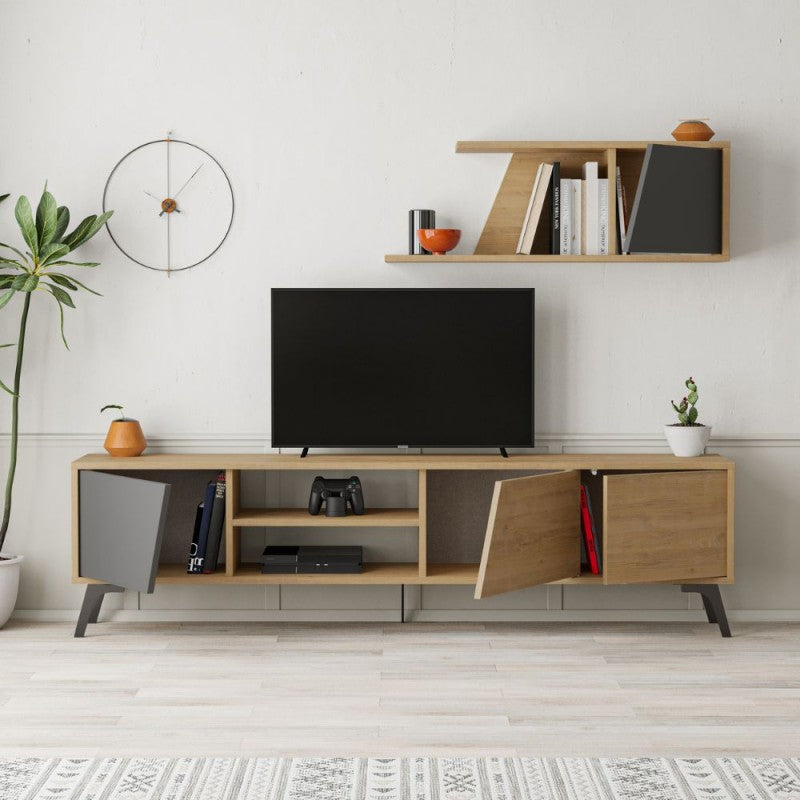 Porta tv colore rovere con anta colore antracite e piedini neri e mensola