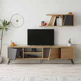 Porta tv colore rovere con anta colore antracite e piedini neri e mensola
