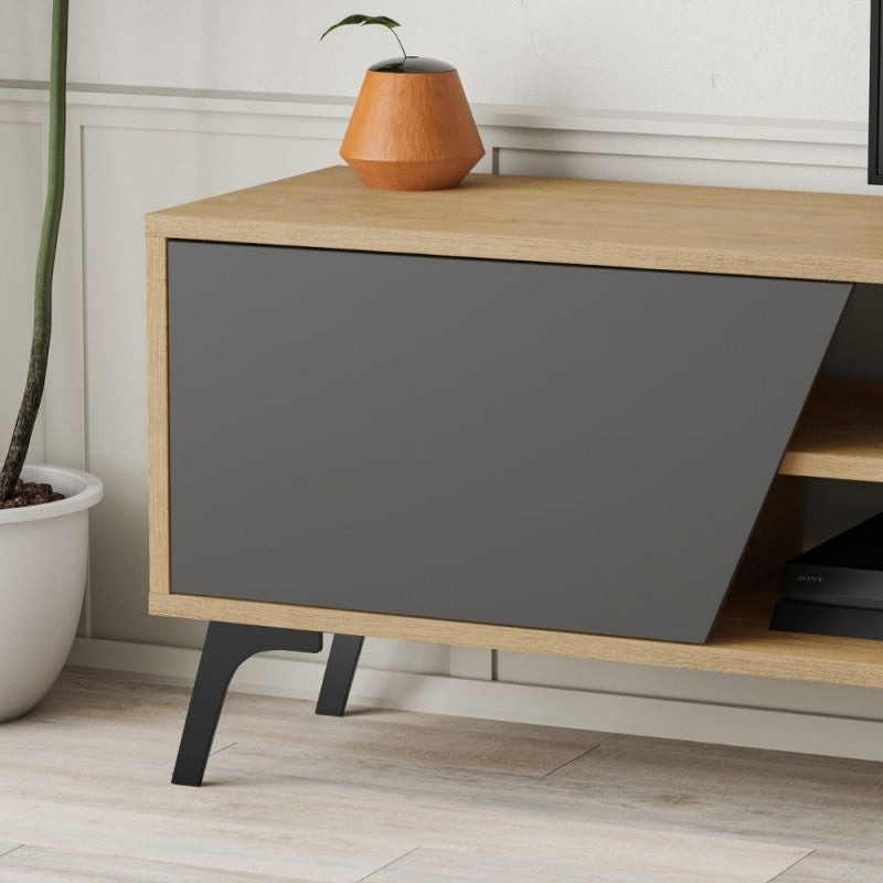 Porta tv colore rovere con anta colore antracite e piedini neri e mensola
