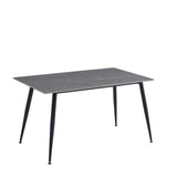 Tavolo 140x80 con top in ceramica effetto marmo grigio opaco e gambe in metallo nero.