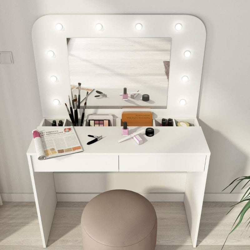 Toeletta da trucco con specchio luci e cassetti bianco