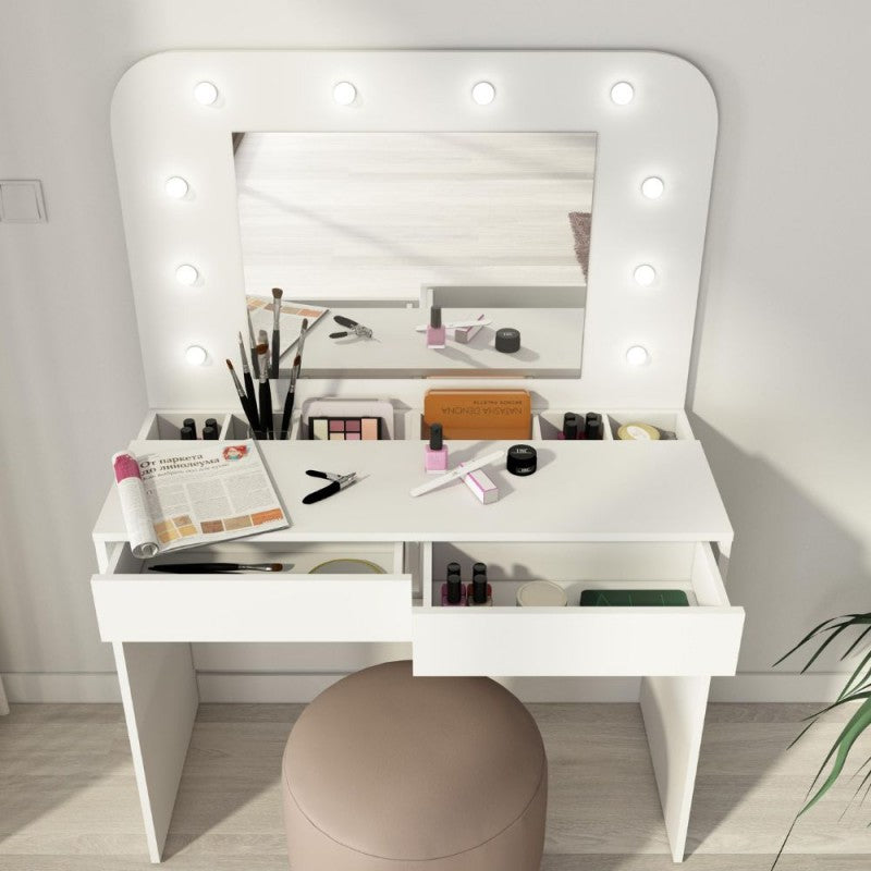 Toeletta da trucco con specchio luci e cassetti bianco
